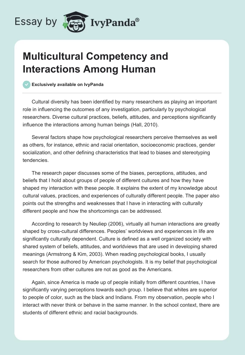 Multicultural Competency and Interactions Among Human. Page 1