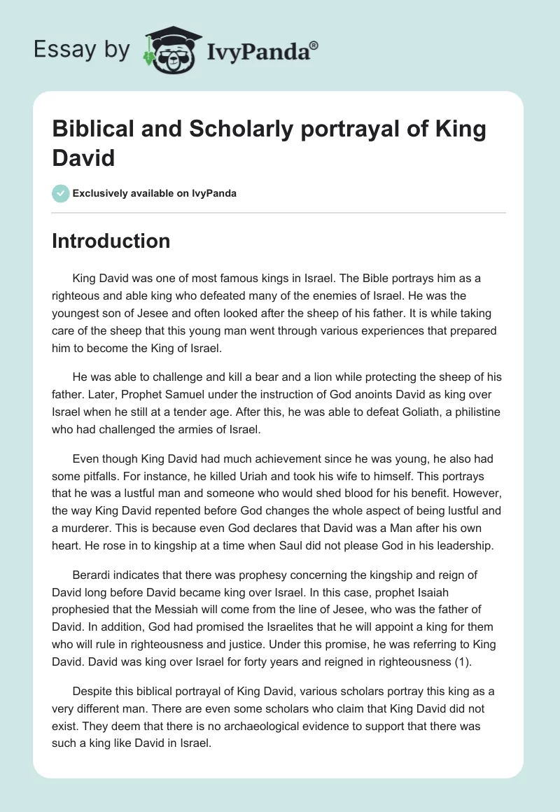 Biblical and Scholarly portrayal of King David. Page 1