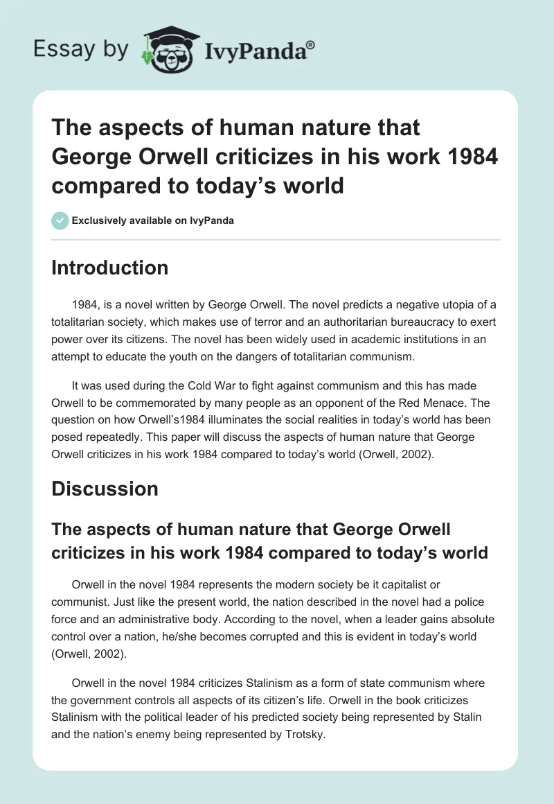 The Aspects of Human Nature That George Orwell Criticizes in His Work 1984 Compared to Today’s World. Page 1