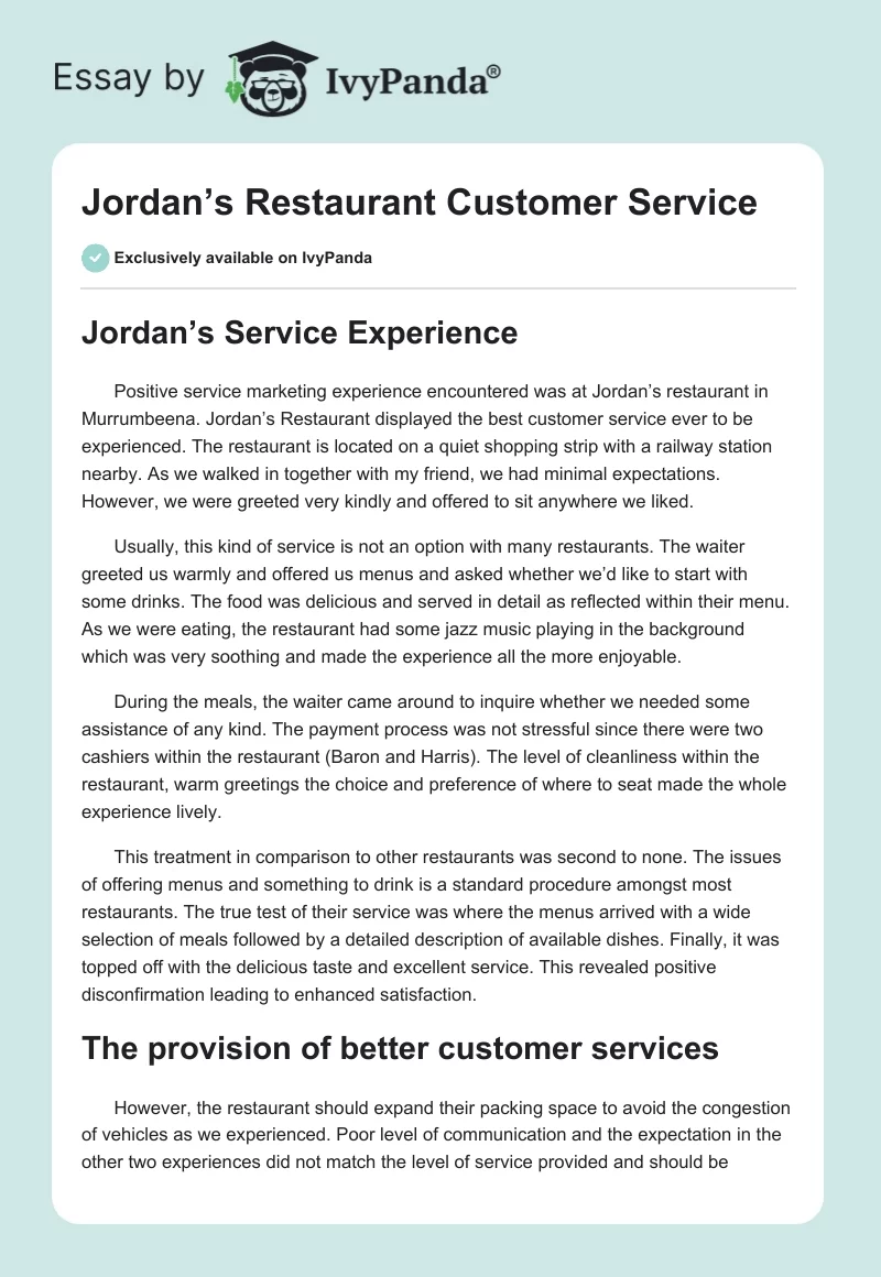 Jordan’s Restaurant Customer Service. Page 1