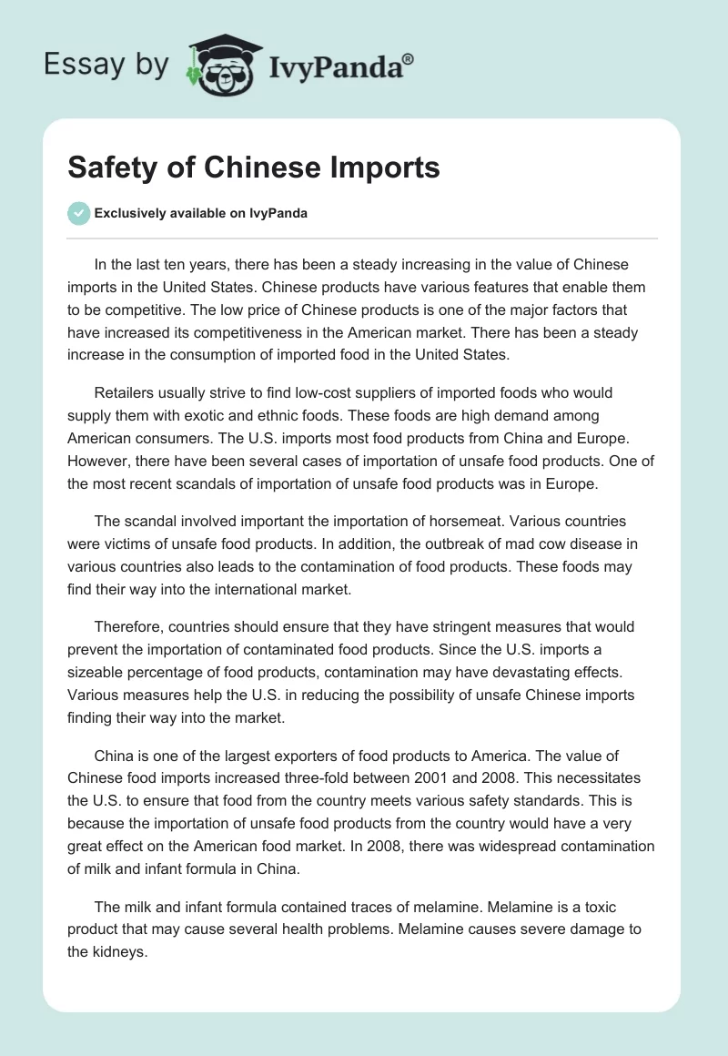 Safety of Chinese Imports. Page 1