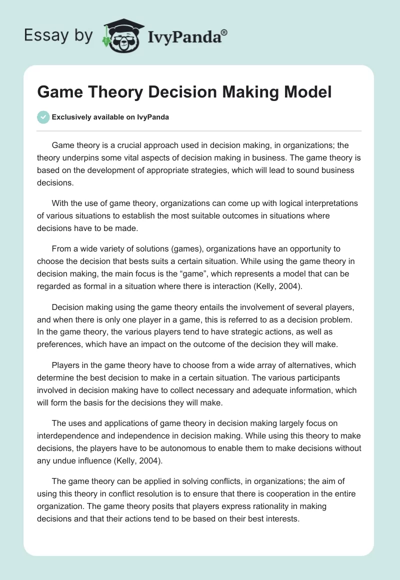 Game Theory Decision Making Model. Page 1