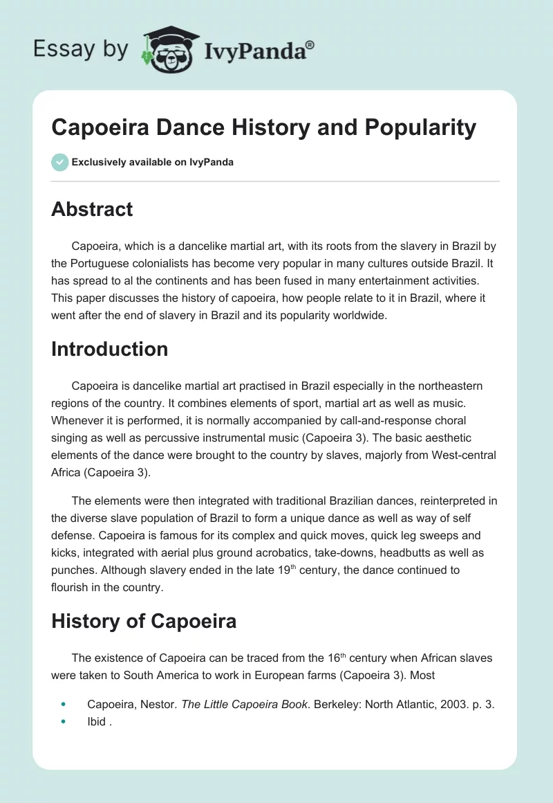 Capoeira Dance History and Popularity - 1589 Words