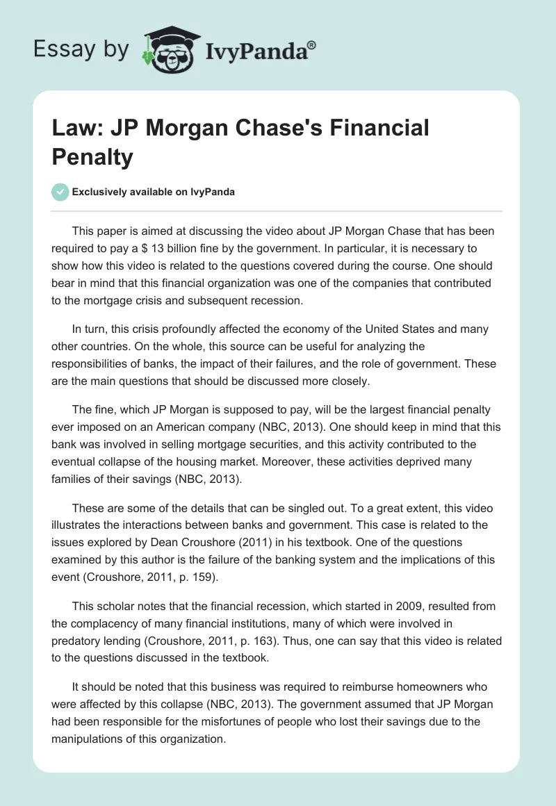 Law: JP Morgan Chase's Financial Penalty. Page 1