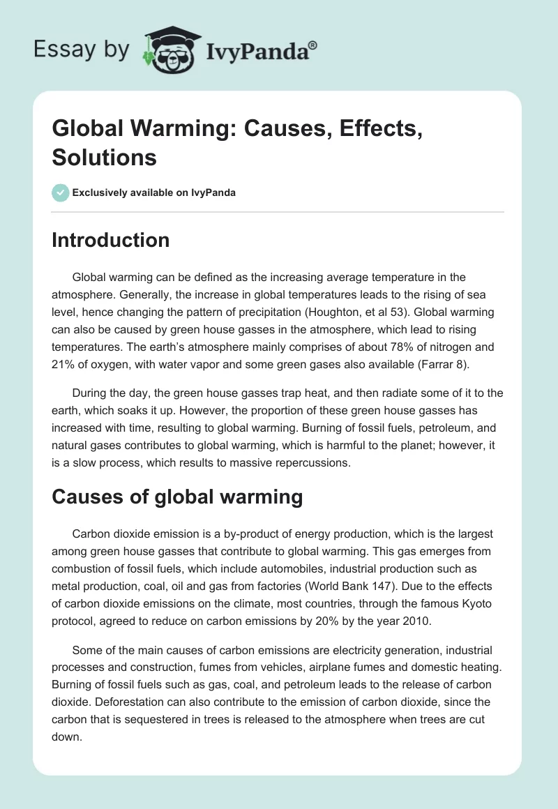 Global Warming: Causes, Effects, Solutions. Page 1