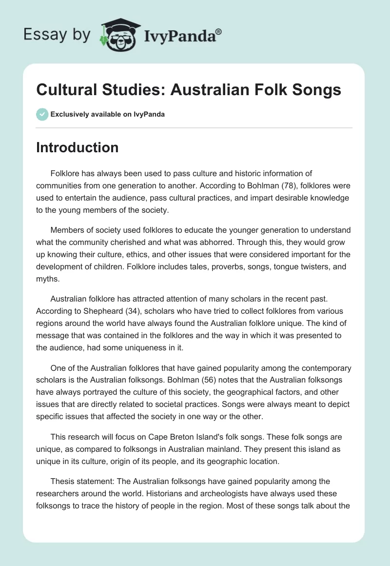 Cultural Studies: Australian Folk Songs. Page 1