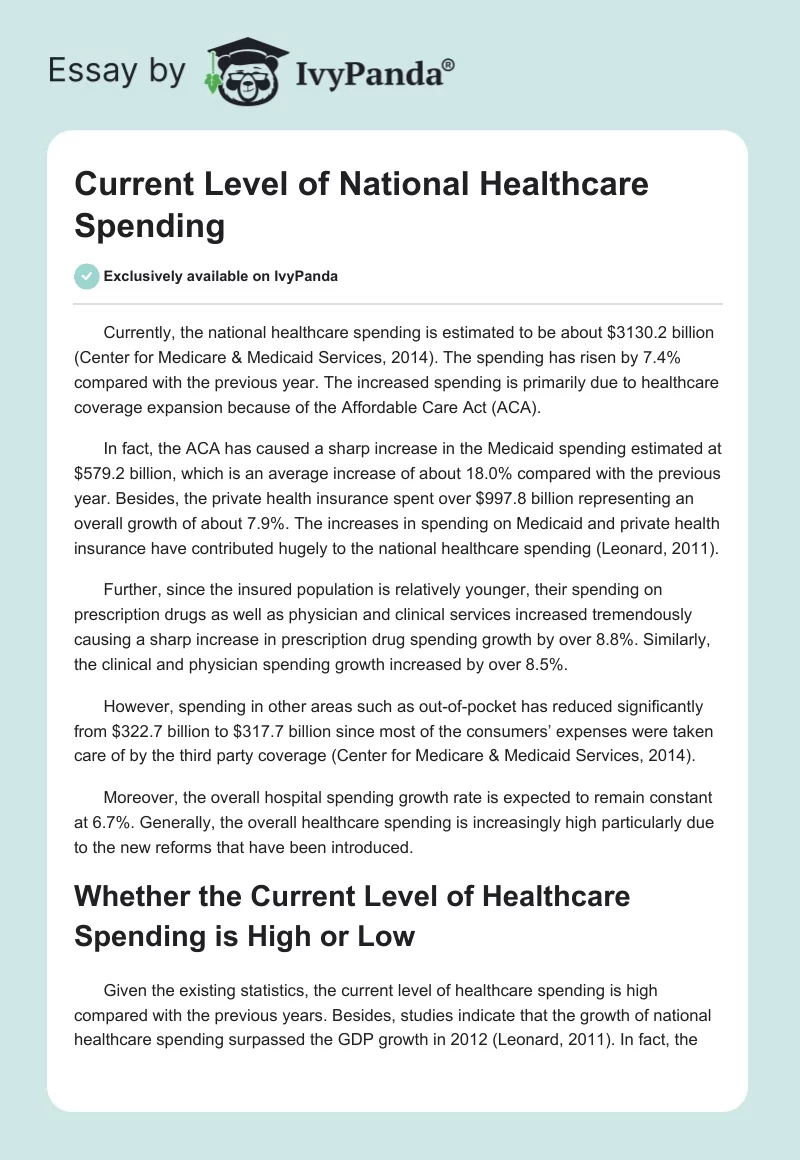 Current Level of National Healthcare Spending. Page 1