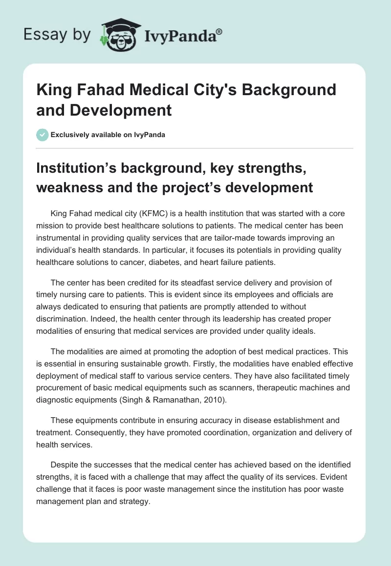 King Fahad Medical City's Background and Development. Page 1
