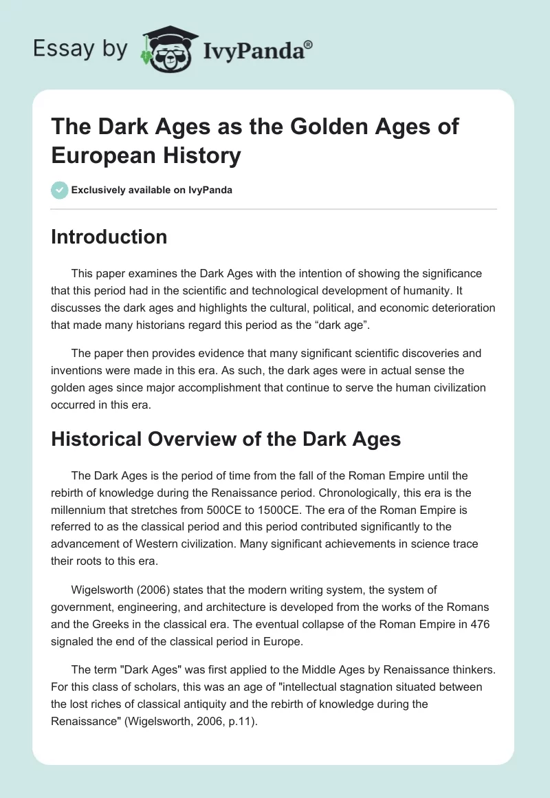 The Dark Ages as the Golden Ages of European History. Page 1