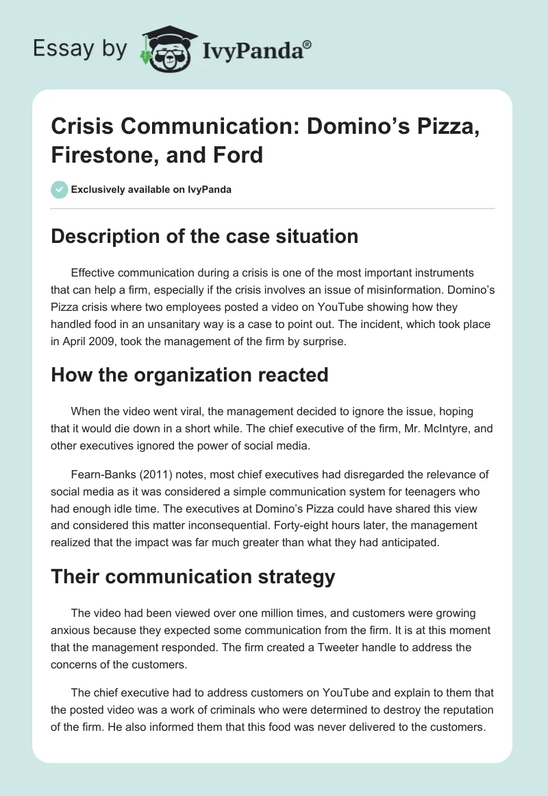 Crisis Communication: Domino’s Pizza, Firestone, and Ford. Page 1