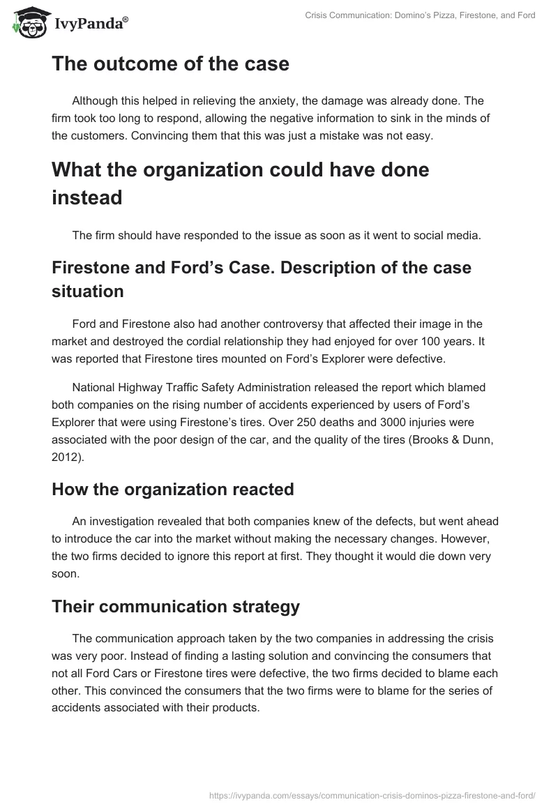 Crisis Communication: Domino’s Pizza, Firestone, and Ford. Page 2