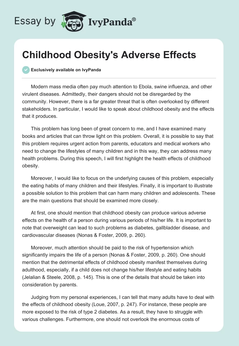 Childhood Obesity's Adverse Effects. Page 1