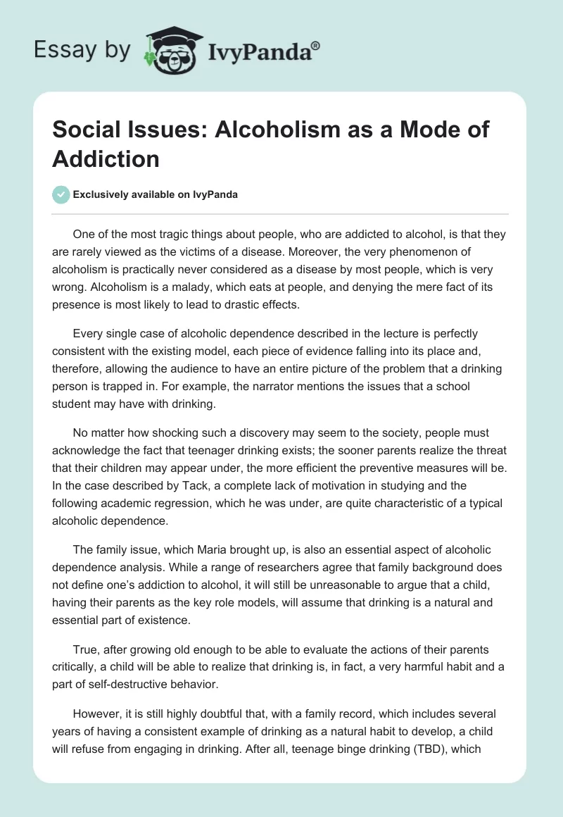 Social Issues: Alcoholism as a Mode of Addiction. Page 1
