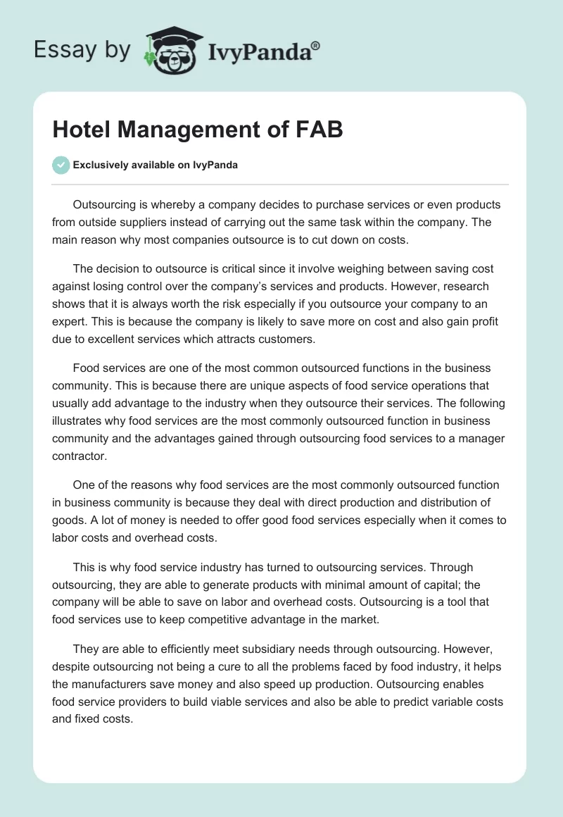 Hotel Management of FAB. Page 1