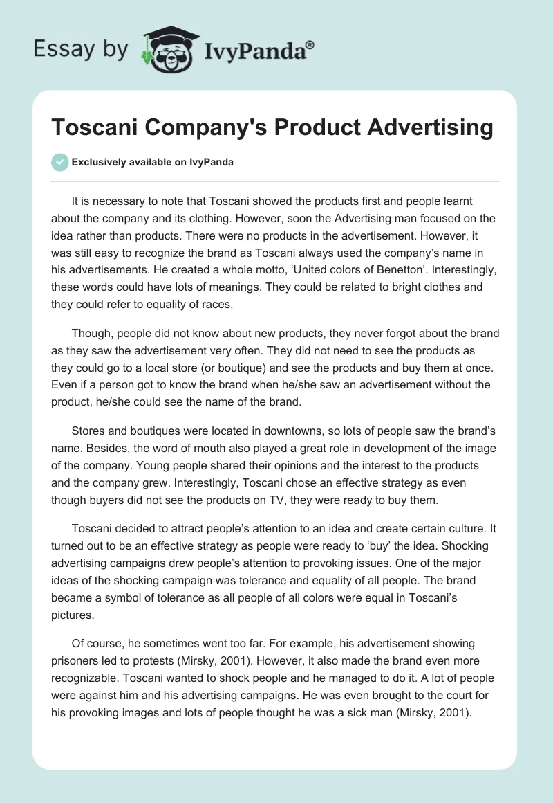 Toscani Company's Product Advertising. Page 1