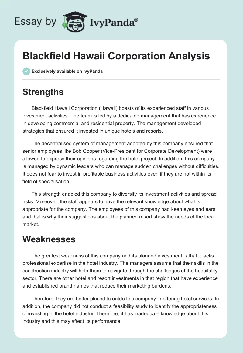 Blackfield Hawaii Corporation Analysis. Page 1