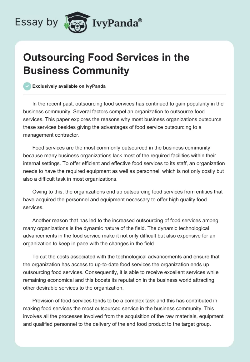 Outsourcing Food Services in the Business Community. Page 1