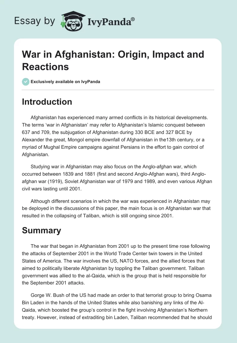 War in Afghanistan: Origin, Impact and Reactions. Page 1