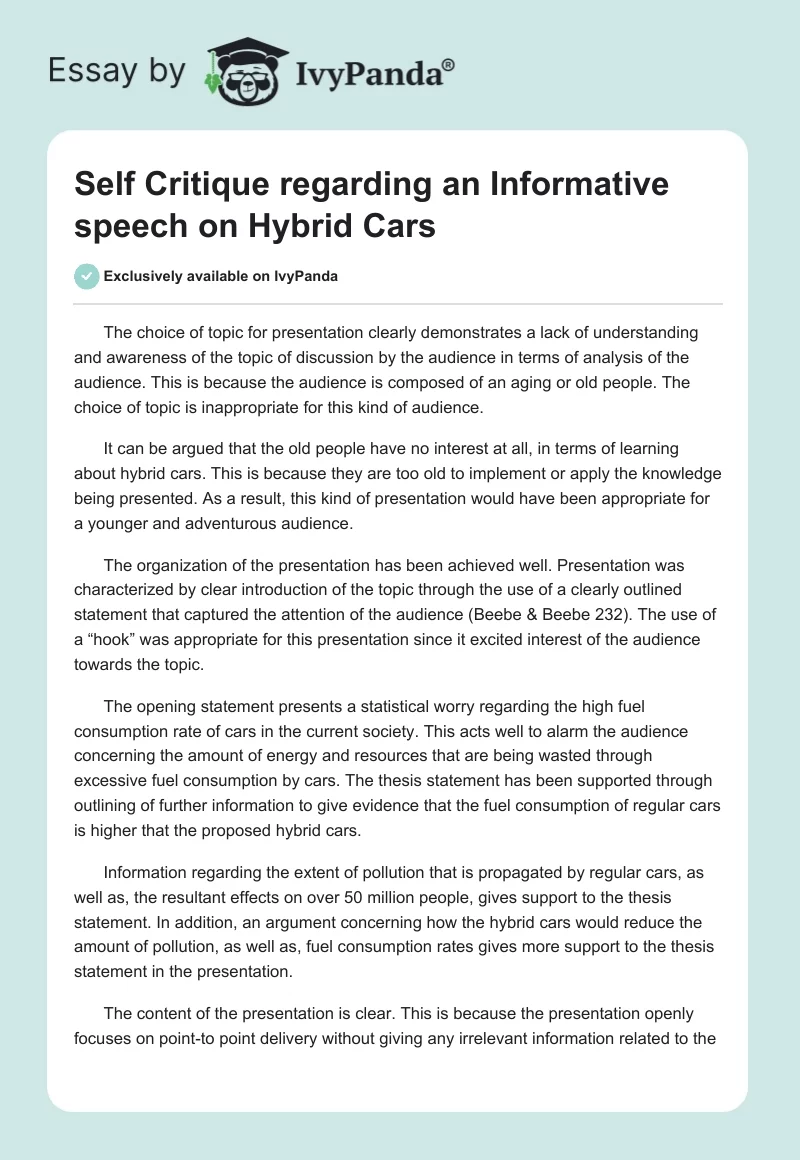 Self Critique Regarding an Informative Speech on Hybrid Cars. Page 1