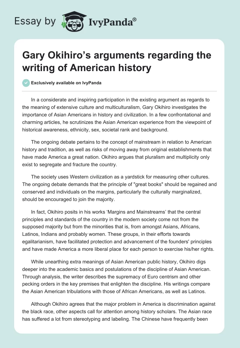Gary Okihiro’s arguments regarding the writing of American history. Page 1