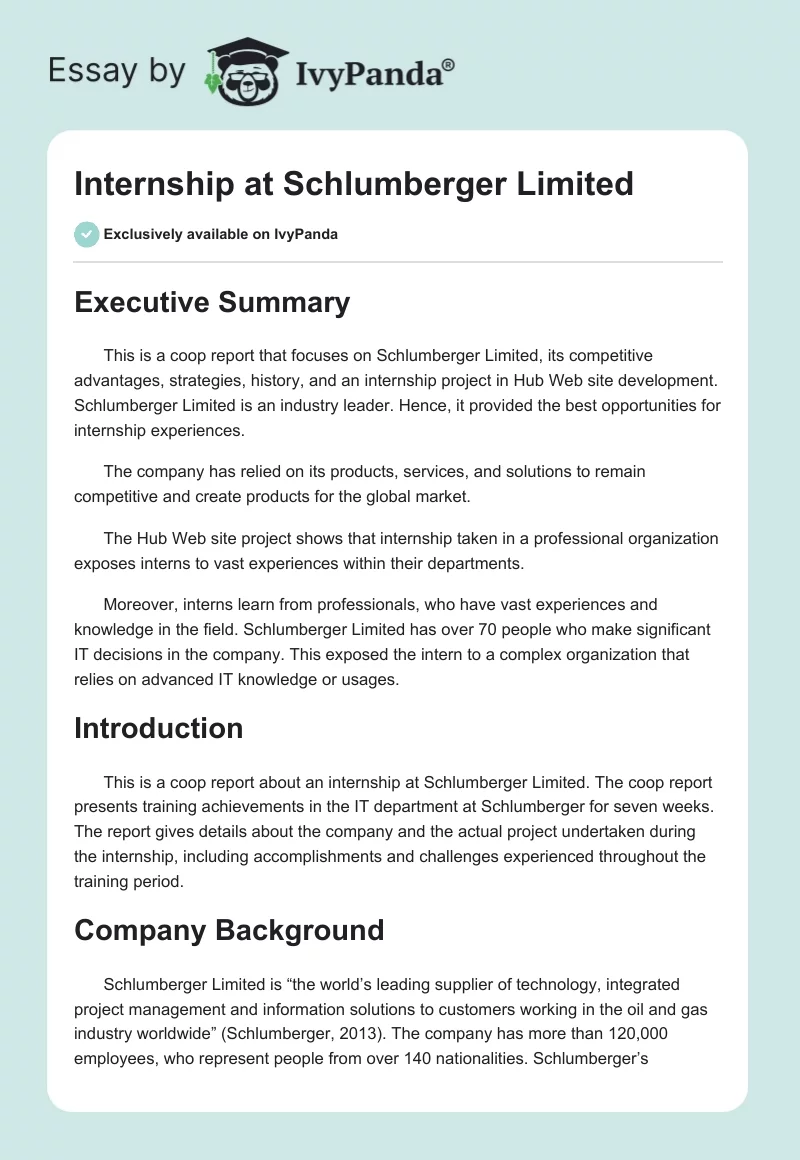 Internship at Schlumberger Limited. Page 1