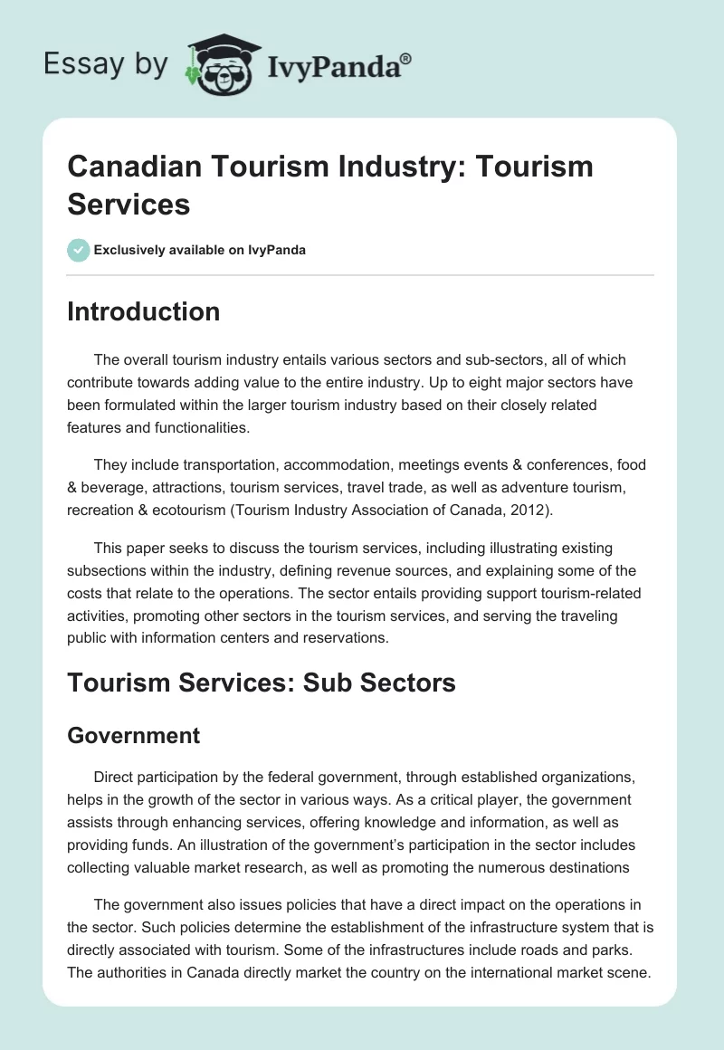 Canadian Tourism Industry: Tourism Services. Page 1