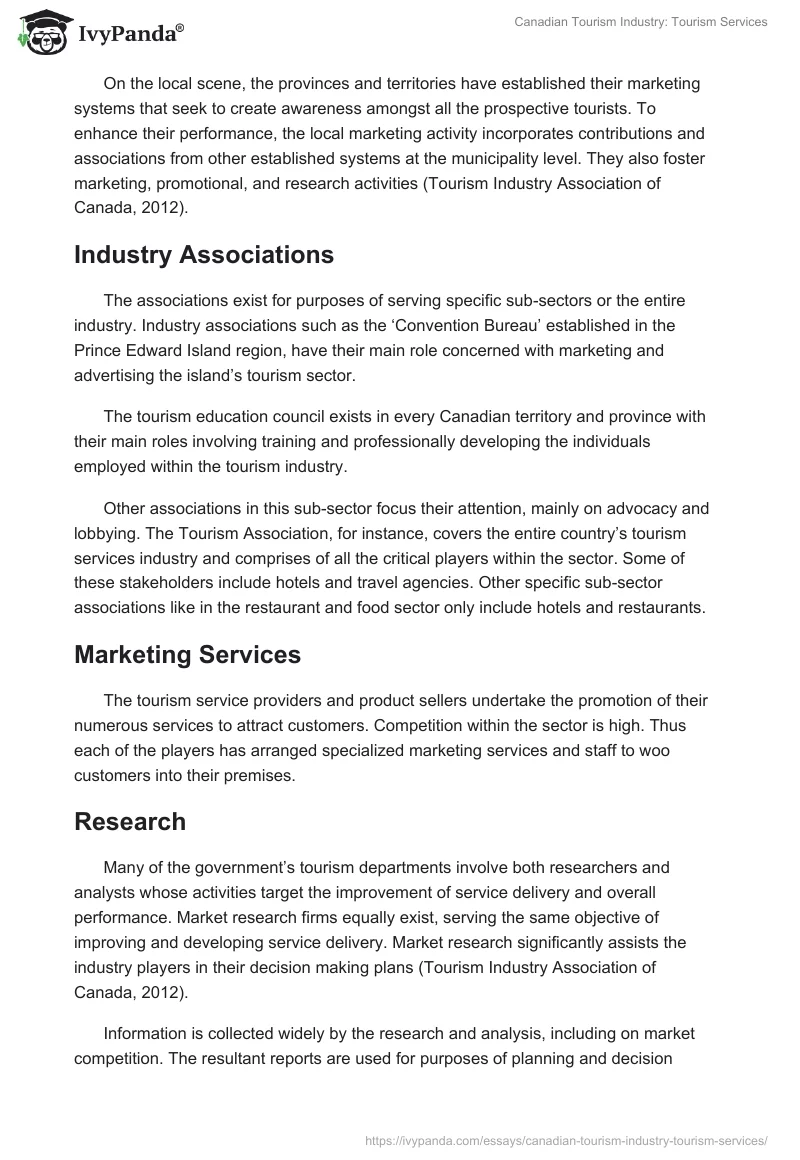 Canadian Tourism Industry: Tourism Services. Page 2