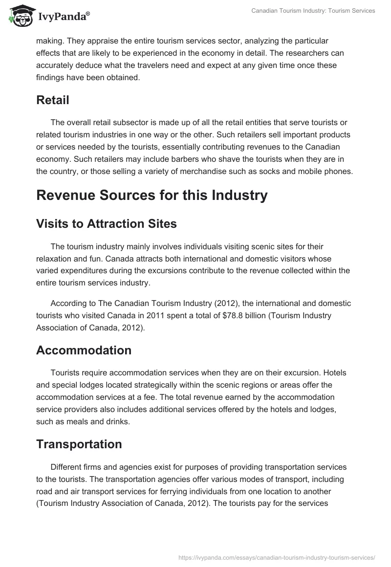 Canadian Tourism Industry: Tourism Services. Page 3
