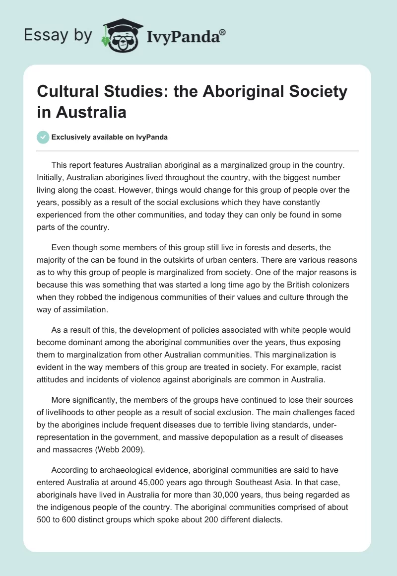 Cultural Studies: the Aboriginal Society in Australia. Page 1