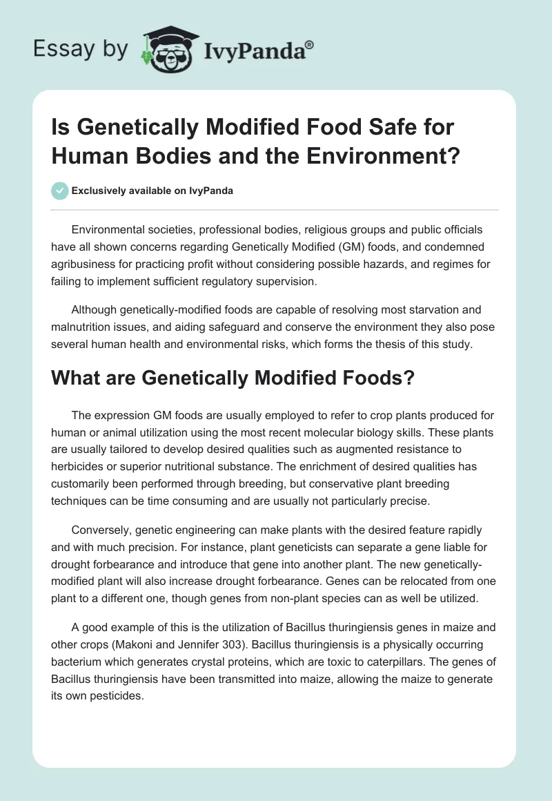 Is Genetically Modified Food Safe for Human Bodies and the Environment?. Page 1