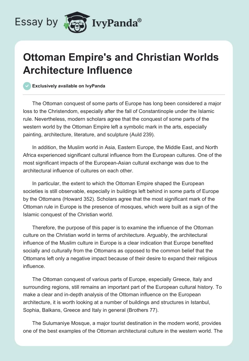Ottoman Empire's and Christian Worlds Architecture Influence. Page 1