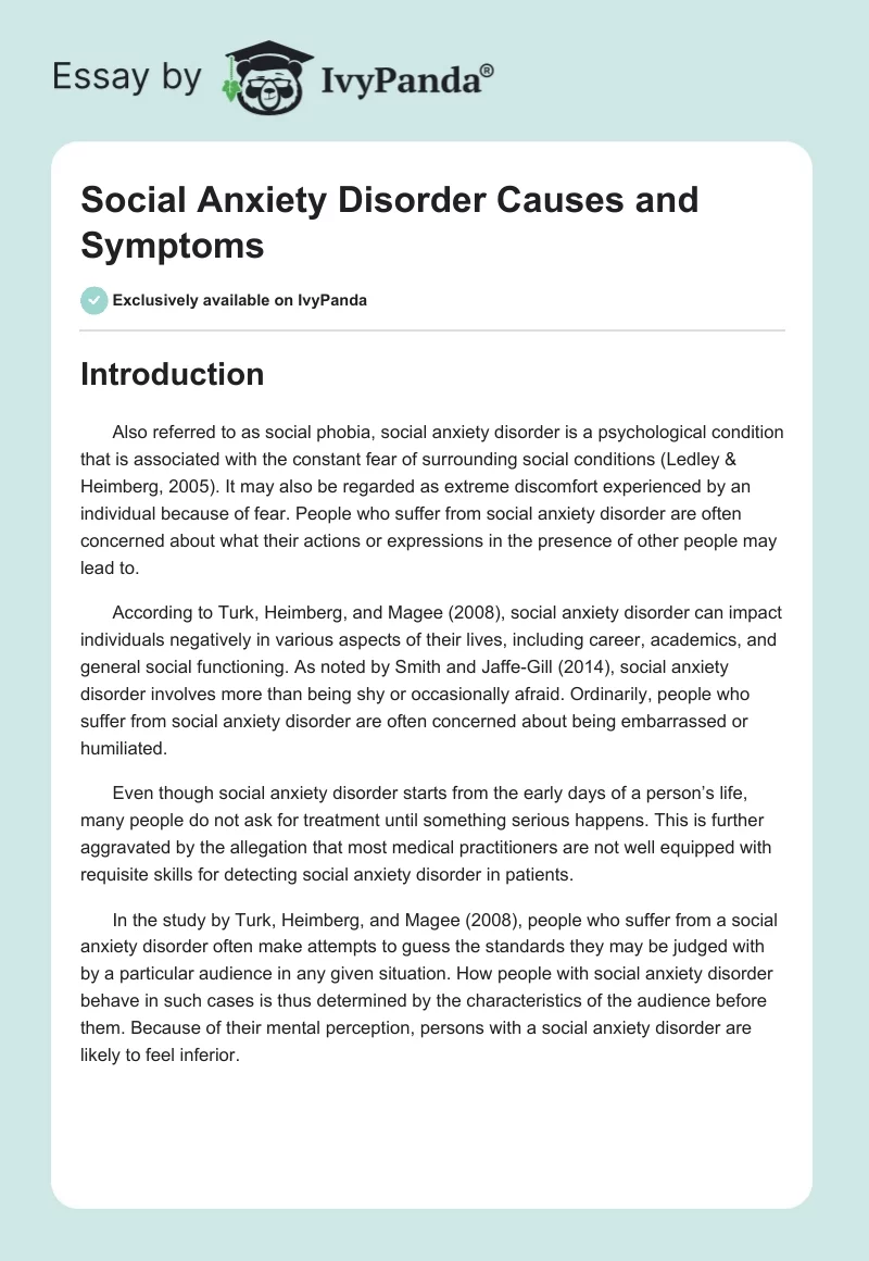 Social Anxiety Disorder Causes and Symptoms. Page 1