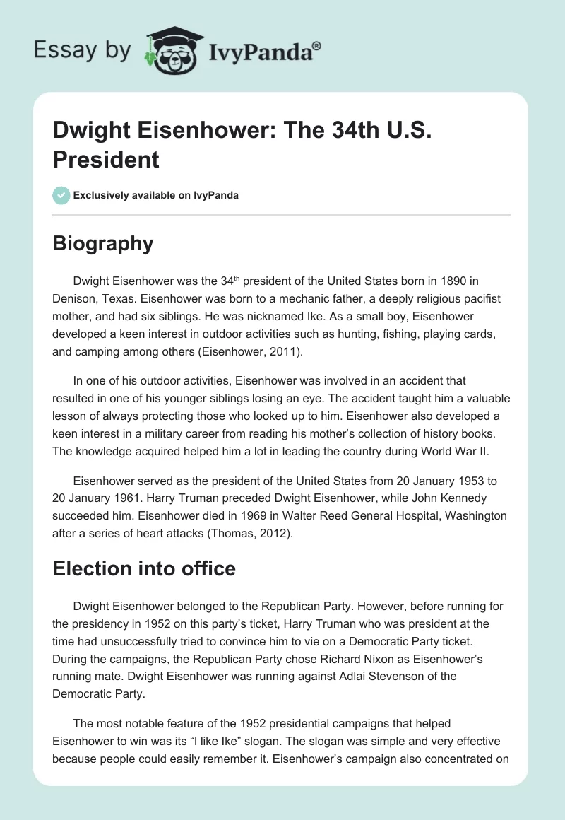 Dwight Eisenhower: The 34th U.S. President. Page 1