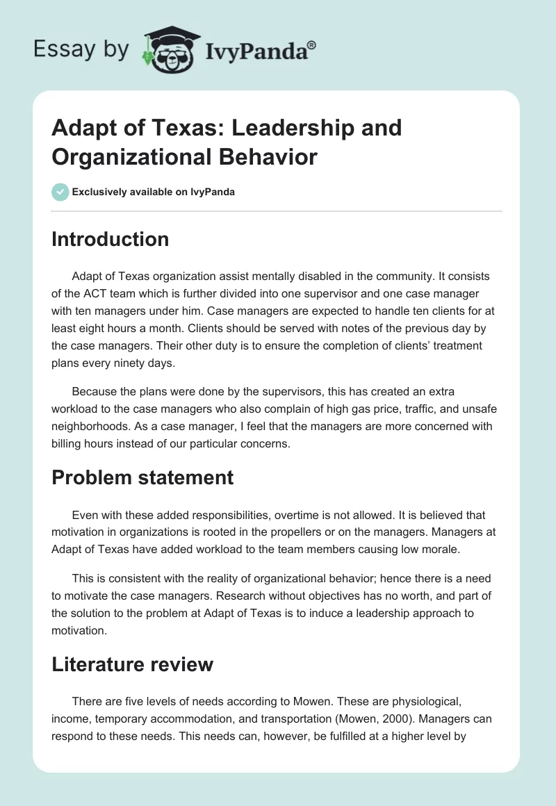 Adapt of Texas: Leadership and Organizational Behavior. Page 1