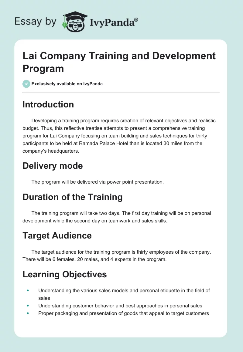Lai Company Training and Development Program. Page 1