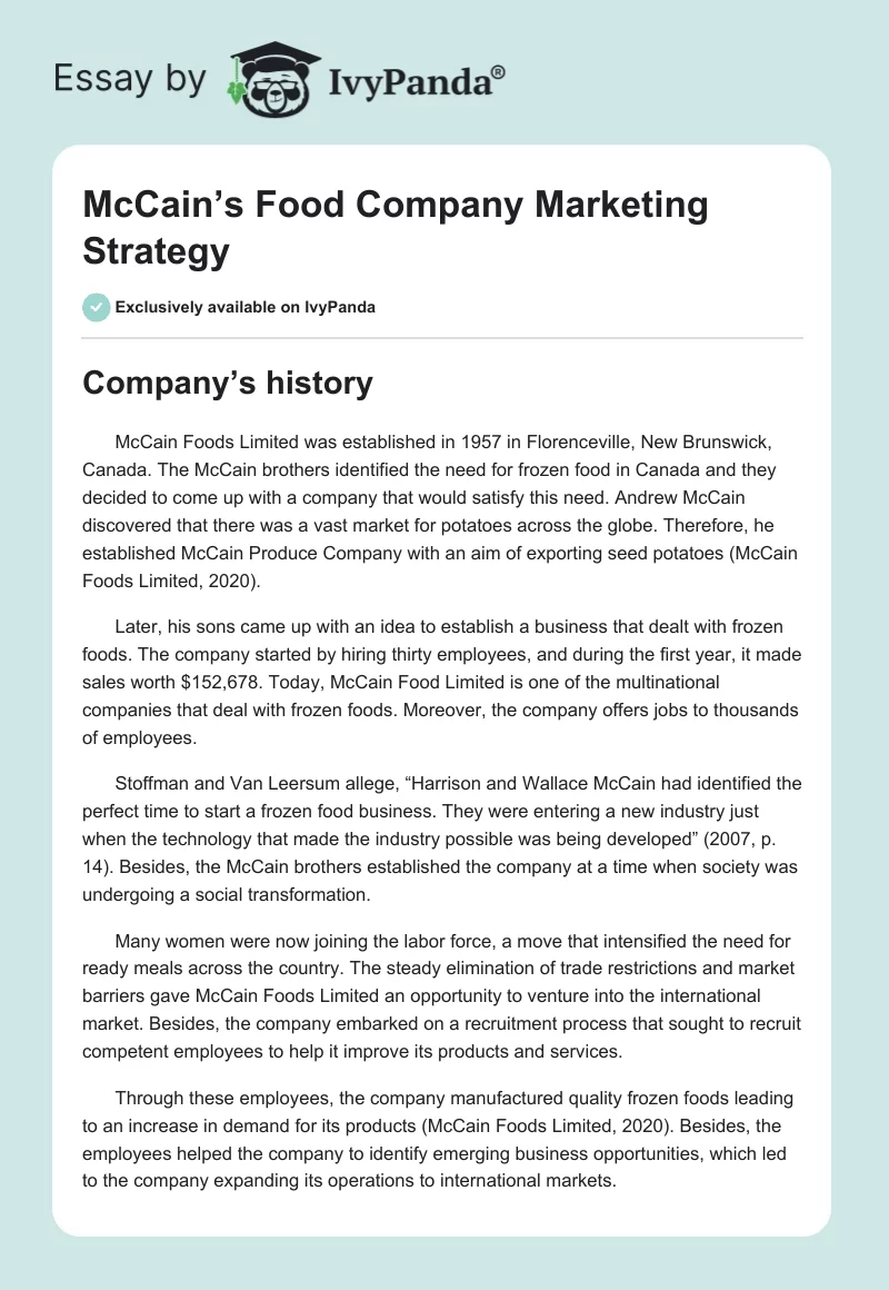 McCain’s Food Company Marketing Strategy. Page 1