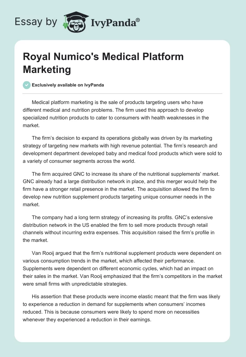 Royal Numico's Medical Platform Marketing. Page 1