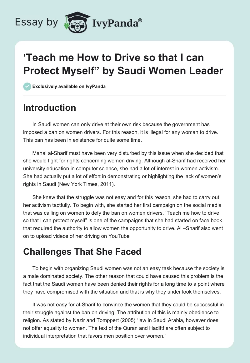 ‘Teach me How to Drive so that I can Protect Myself” by Saudi Women Leader. Page 1