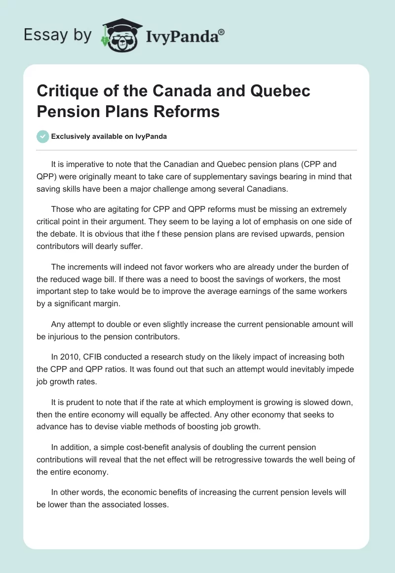 Critique of the Canada and Quebec Pension Plans Reforms. Page 1