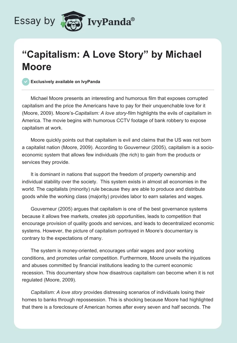 “Capitalism: A Love Story” by Michael Moore. Page 1