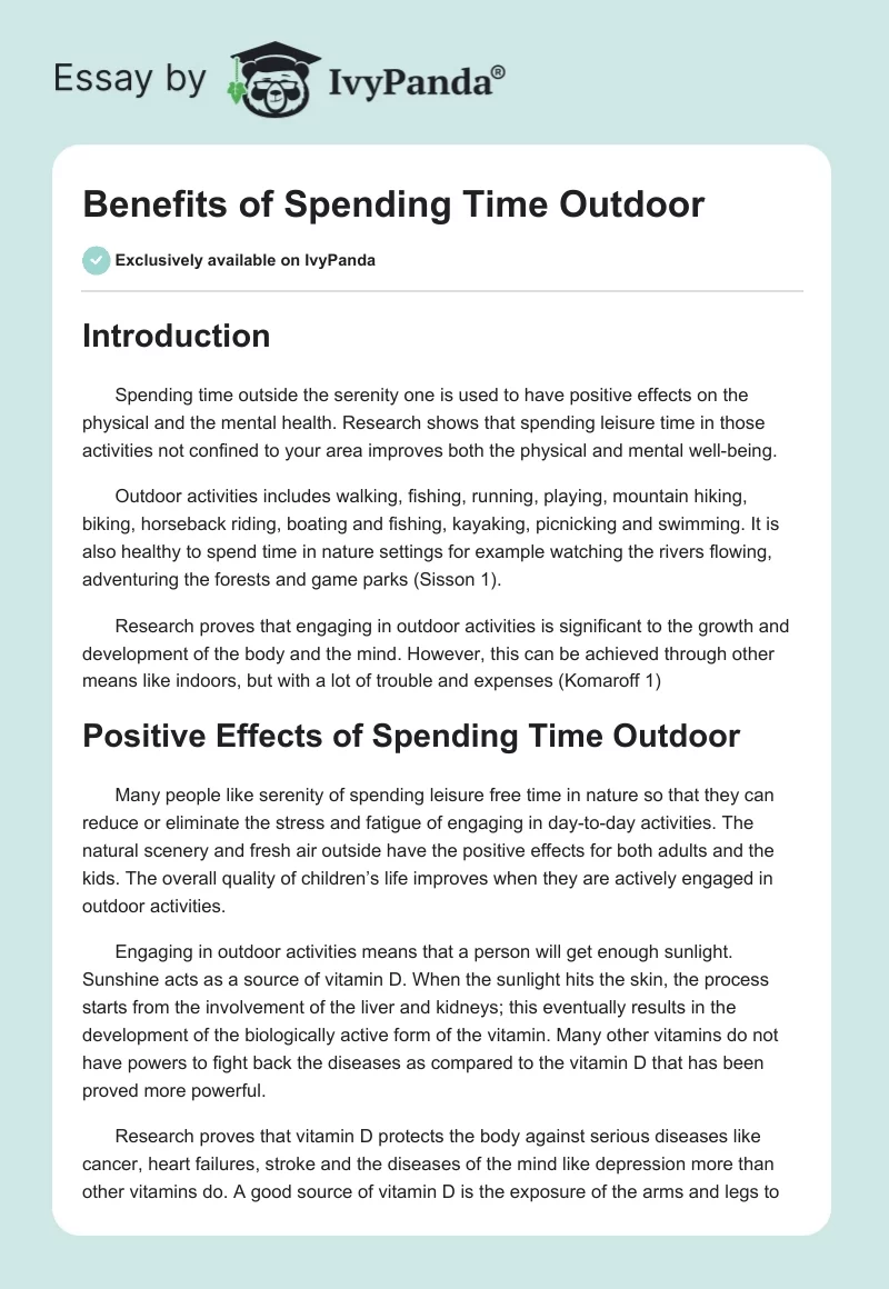 Why Is It Important to Spend Time Outdoors: Essay. Page 1