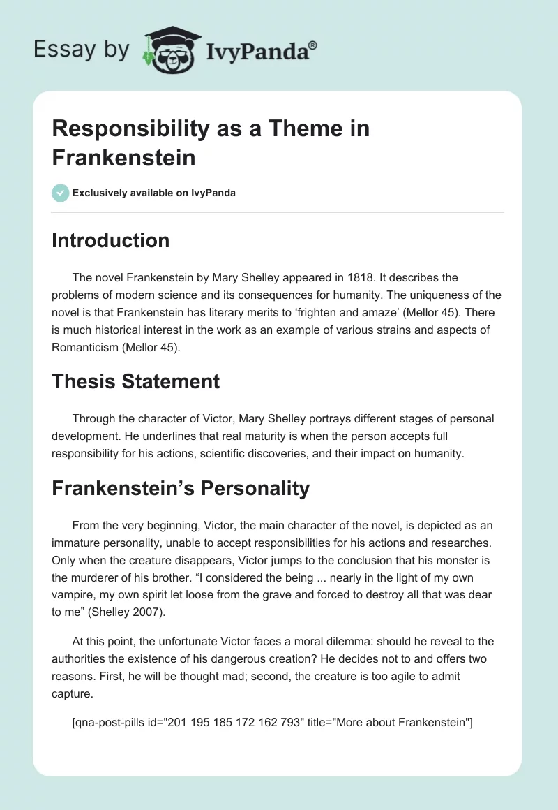 Responsibility as a Theme in Frankenstein. Page 1