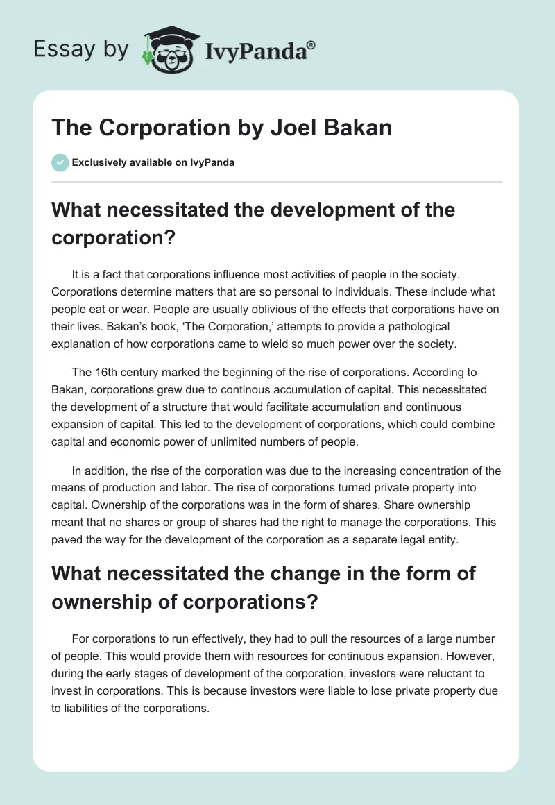 "The Corporation" by Joel Bakan. Page 1