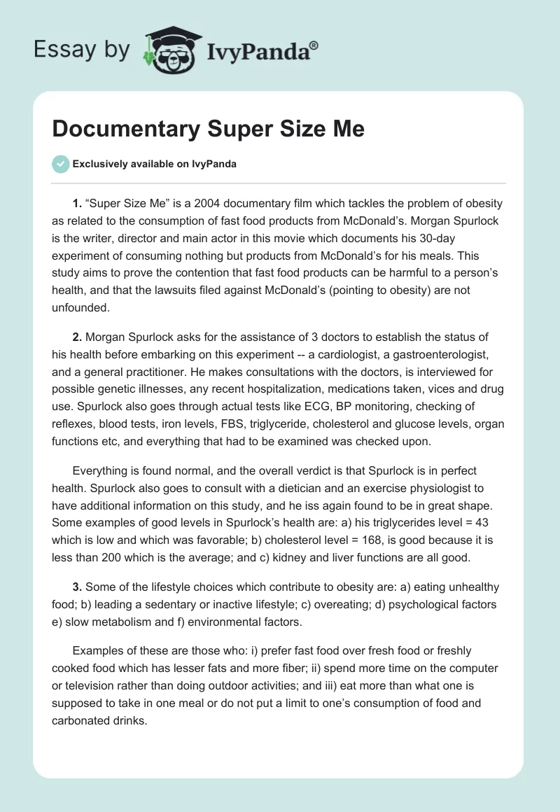 Documentary "Super Size Me". Page 1