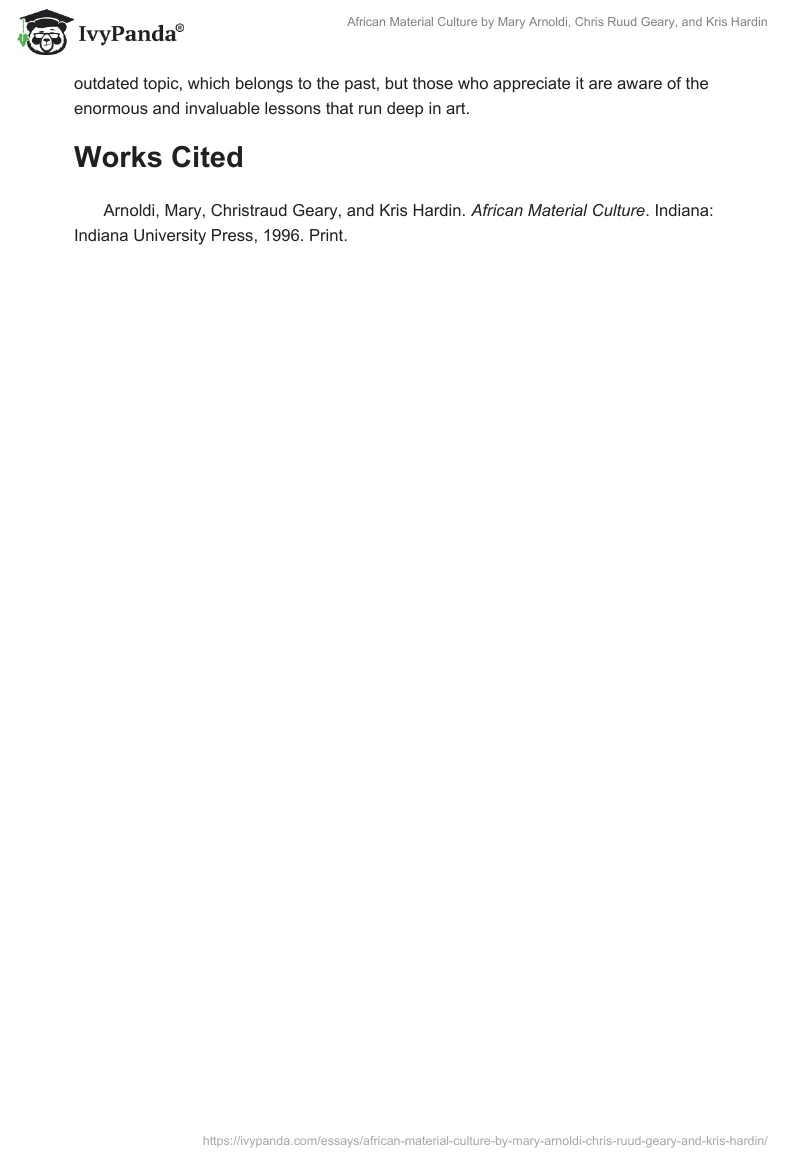 "African Material Culture" by Mary Arnoldi, Chris Ruud Geary, and Kris Hardin. Page 5