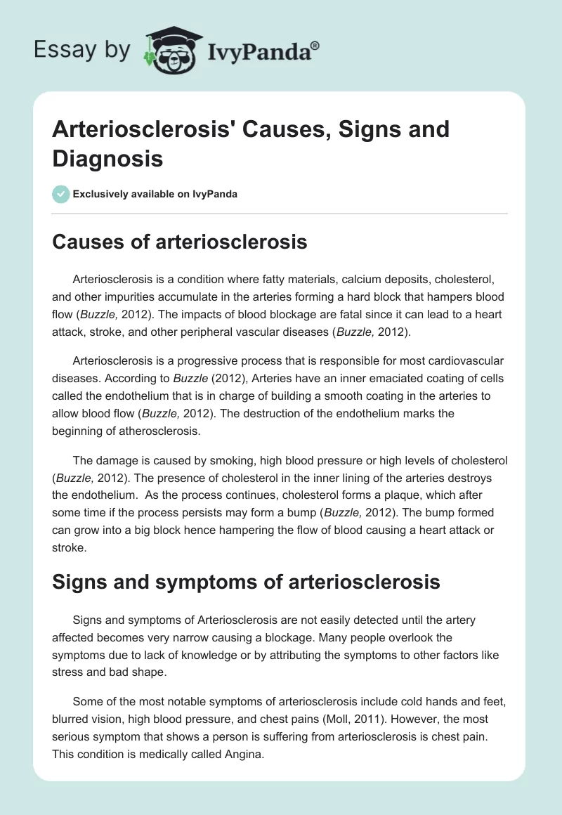 Arteriosclerosis' Causes, Signs and Diagnosis. Page 1