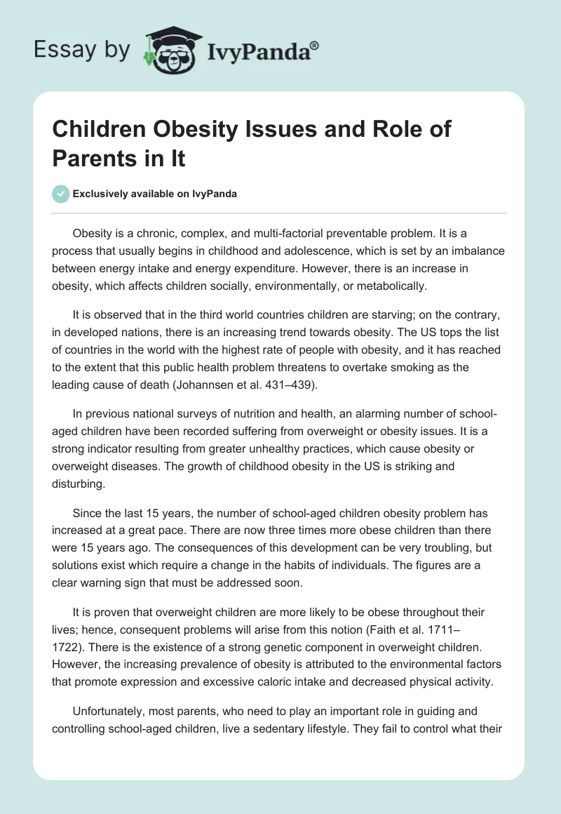 Children Obesity Issues and Role of Parents in It. Page 1