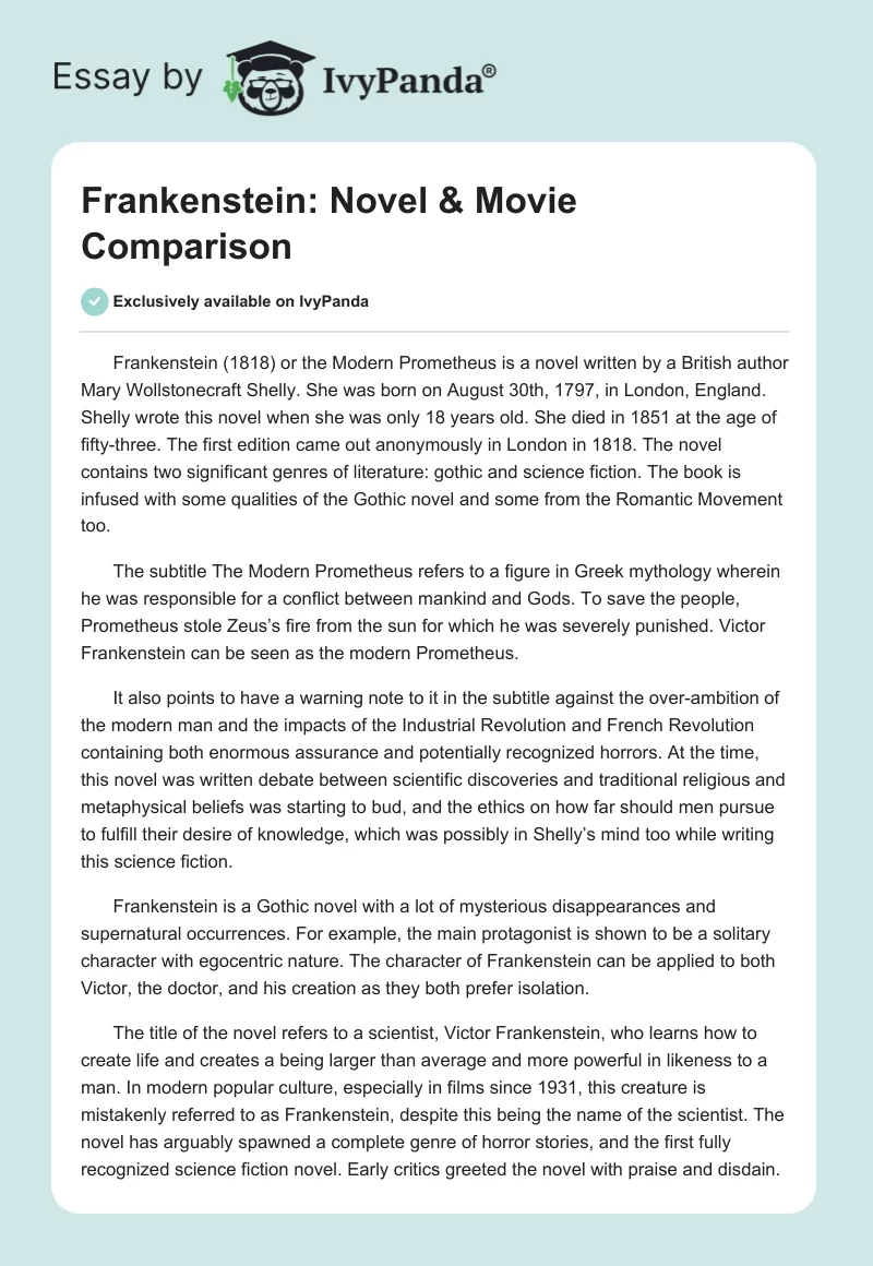 Frankenstein: Novel & Movie Comparison. Page 1
