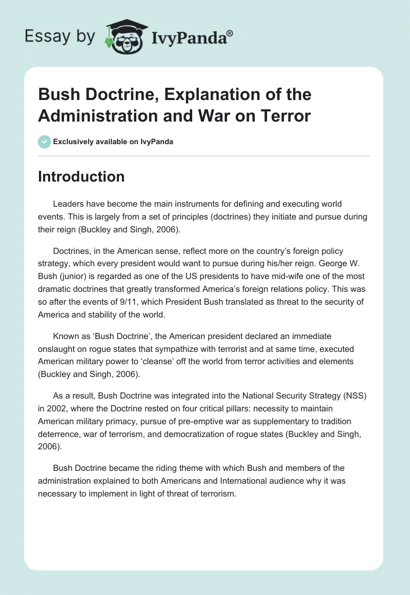 Bush Doctrine, Explanation of the Administration and War on Terror. Page 1