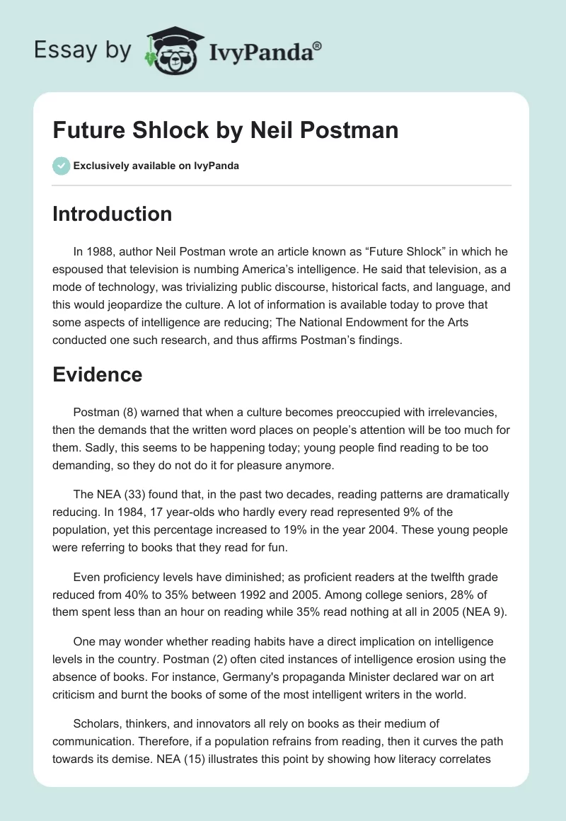 "Future Shlock" by Neil Postman. Page 1
